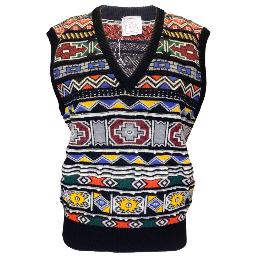 STELLA JEAN BLACK MULTI SLEEVELESS V-NECK WOOL KNIT JACQUARD VEST